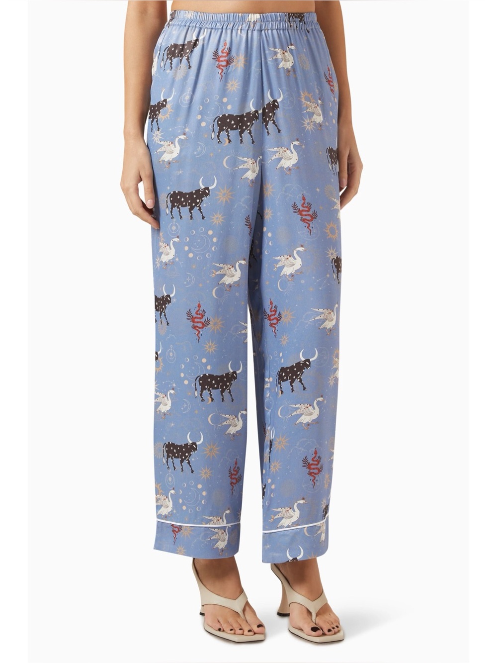 Sleeper Pajama Lounge Pants Small Oversized Satin Zodiac Astrology Print Blue